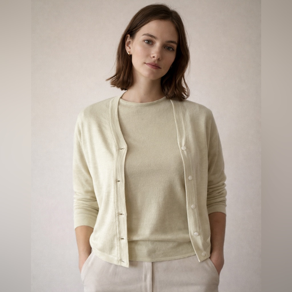 Tse Elegant Light Green Button-Up Cardigan And Shell Twin Set